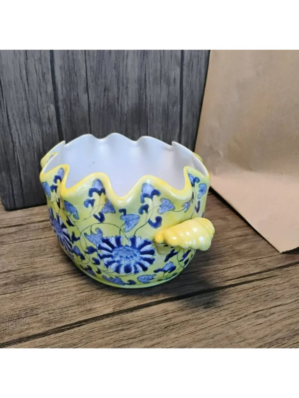 Vintage Andrea by Sadek Chinoiserie Footbath Bowl, Yellow Blue Porcelain Planter